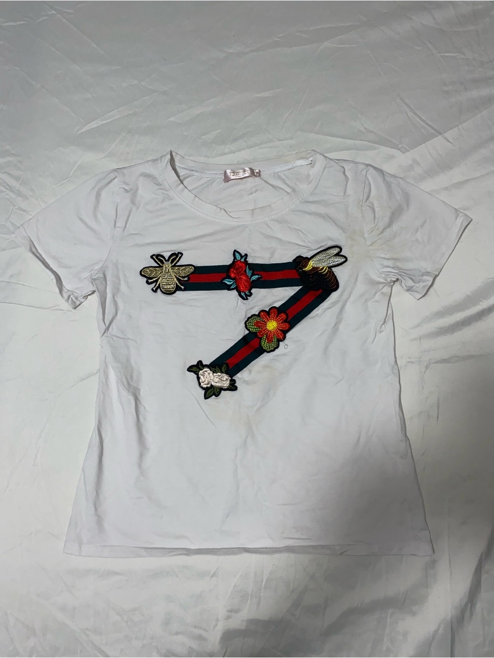 White Short-Sleeve Tee with Embroidered Floral & Bee Accent